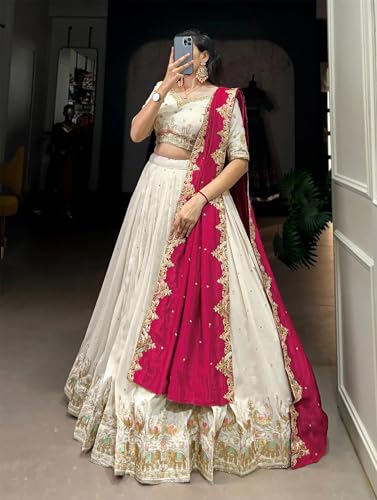 Image of KEDARFAB Women's Chinnon Traditional Motiff Semi-Stitched Lehenga Choli With Dupatta Set (Baarati 02)