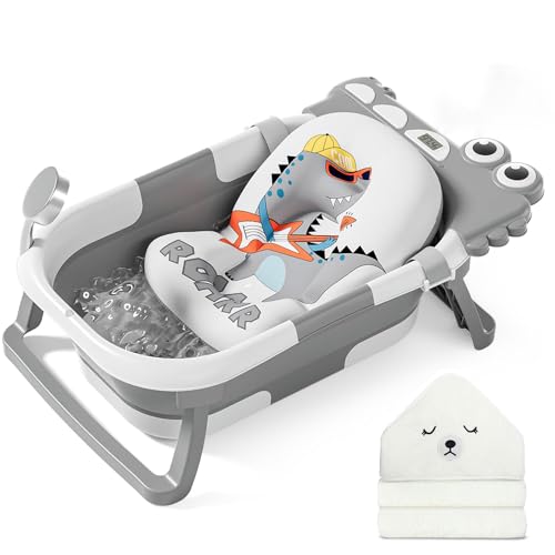 Image of MoreFeel Collapsible Baby Bathtub for Newborn with Thermometer & 1 Hooded Towel & 1 Soft Floating Cushion,Portable Travel Bathtub with Drain Hole, Durable Foldable Baby Tubs for Infants to Toddler