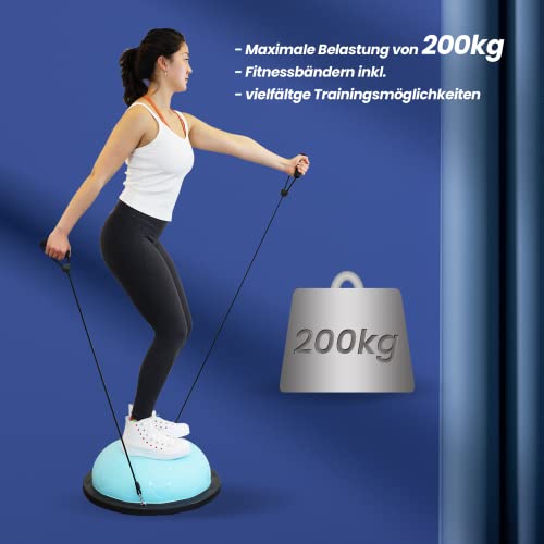 DH FitLife Balance Ball, Yoga Gleichgewichtstrainer Φ60*22cm bis 200 KG belastbar, halber Gymnastikball Fitness Balance Board, Balance-Board mit Pumpe und 2 Fitnessbändern, Blau