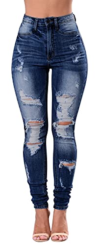 Women's High Waisted Jeans for Women Distressed Stretch Jeans for Women Ripped Butt Lift Jeans Denim Pants Dark Blue, Size 6