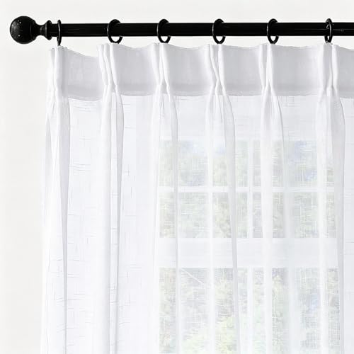 Ftinala White Sheer Curtains 102 Inch Long 2 Panels, Thin Textured Linen Look Ceiling Curtains...