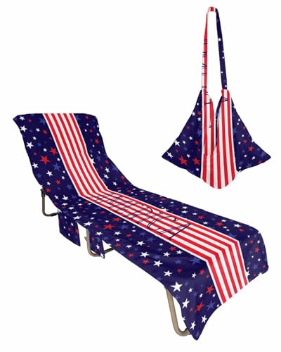4th of July Beach Chair Towel Covers for Chaise Lounge with Side Pocket, Soft Plush Pool Towels Cover for Patio Sunbathing Outdoor 29''x85'' Red Blue Stripes Stars Patriotic Memorial Day