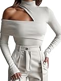 Floerns Women's Asymmetrical Cold Shoulder Mock Neck Hollow Out Long Sleeve Cut Out Tee Top White M