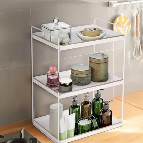 Image of Niyara Heavy-Duty 3-Tier Iron Metal Spice Rack - Multipurpose Storage Shelf for Kitchen, Bathroom, or Countertop - Ideal for Organizing Spices, Cosmetics, and Essentials (Square White with Gold)