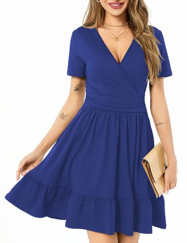 Image of Women's Fashion Summer Causal Short Sleeve Dress V Neck Beach Party Dresses with Pockets