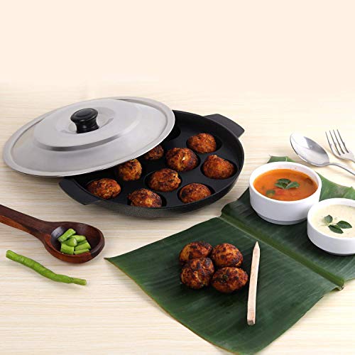 Image of Appam bada Non Stick 12 Cavities Appam Patra /Appam Pan /Maker /Pan Cake Maker /ponganalu /gunta ponganalu with Lid 24 cm