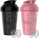 VELOMIX -2 Pack- 20 oz Protein Shaker Bottles for Protein Mixes - 2x Wire Whisk | Leak Proof Shaker Cups for Protein Shakes and Pre Workout | Protein Shaker Bottle Pack (Pink/Black)