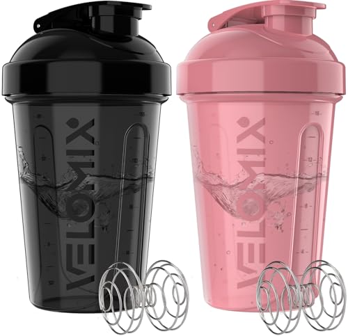 Image of VELOMIX -2 Pack- 20 oz Protein Shaker Bottles for Protein Mixes - 2x Wire Whisk | Leak Proof Shaker Cups for Protein Shakes and Pre Workout | Protein Shaker Bottle Pack (A7) Pink /Black