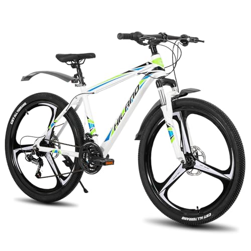 Hiland Bicicleta de Montaña para Adultos 26 Pulgadas, Frenos de Disco Delanteros y Traseros, Rueda 3 Cuchillas, 21 Velocidades, Cuadro de Aluminio Ligero, Horquilla de Suspensión, Blanco