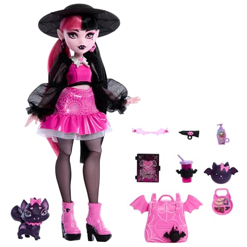 Image of Monster High Draculaura Doll with Pet Bat-Cat Count Fabulous and Accessories Like Backpack, Spell Book, Bento Box and More