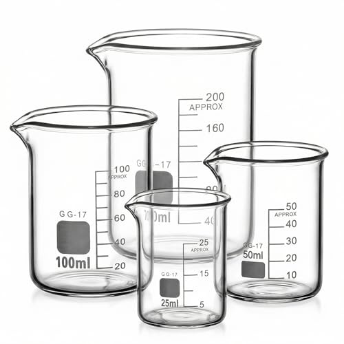 QWORK® Glas Becherglas 25ml 50ml 100ml 200ml, 4er Set Abgestufter Messbecher für Labor Küche