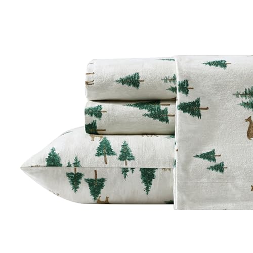 Image of Eddie Bauer - Flannel Sheets King Size, Anti-Pilling & Wrinkle Resistant Cotton, Touchably Soft for All-Season Comfort - Bed Sheets with Matching Pillowcase & Fitted Sheet (Deer Hollow Green)
