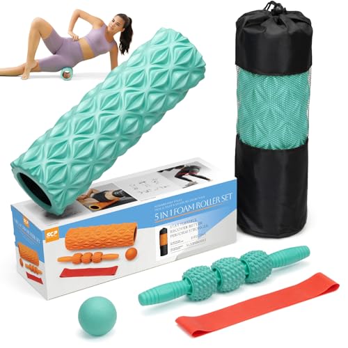 5-in-1-Foam-Roller-Set-Medium-Density-Back-Foam-Roller-Muscle-Roller-Stick-Massage-Ball-Exercise-Bands-Trigger-Point-Release-for-Deep-Muscle-Massage-Pilates-Yoga-Fitness-Exercise-for-Whole-Body