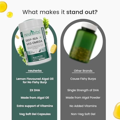Image of Neuherbs Deep-Sea Veg Omega 3 Supplement | 1000mg Algal Oil | Omega3 Vegetarian Capsules | Supports Heart, Brain, Skin & Bone Health | 100% RDA Vitamin D3 & E | Heavy Metals Tested - 60 Veg Softgels