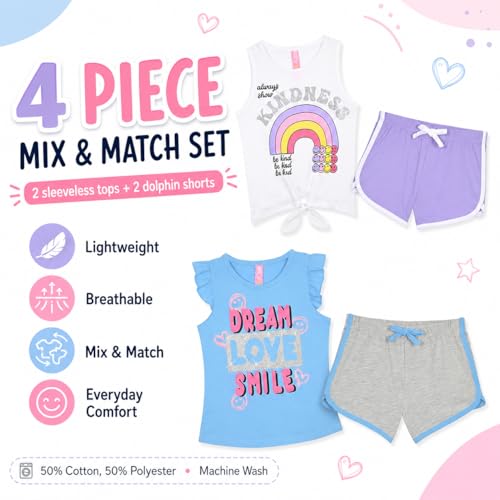 Image of Dreamstar Girls 4 Piece Outfit Set - Sleeveless Graphic Top with Dolphin Shorts, Cute Summer Matching Set for Kids and Tweens