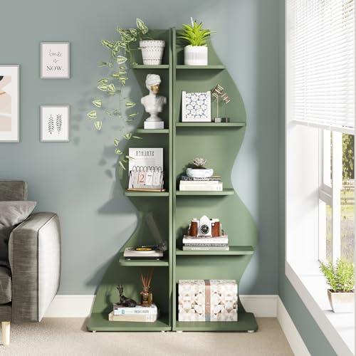 Image of Tribesigns Corner Shelf, Modern 5-Tier Wall Corner Bookshelf, Stylish Corner Small Bookcase Storage Rack Plant Stand with Unique Shape for Living Room, Home Office (Sage Green, 2PCS)