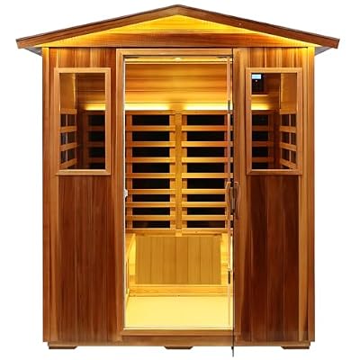 KUNSANA Red Cedar 4 Person Outdoor Ultra-Low EMF?0.5mg? Infrared Sauna, Multi-Person Home Sauna spa, 2160w,12 Heating Panels, LCD Control Panel, Bluetooth Speaker, Chromotherapy Lights, Reading lamp