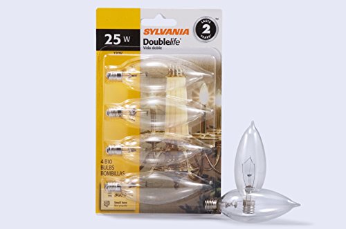 Sylvania Home Lighting 13306 Incandescent Bulb B10-25W-2850K, Double Life, Clear Finish, Candelabra Base, Pack of 4