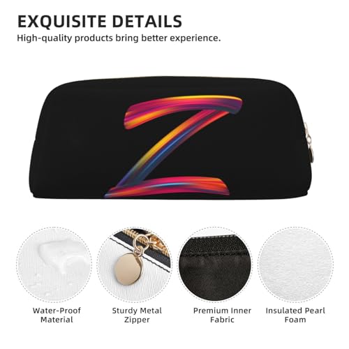 Image of Cute Initial Pencil Case for Kids Simple Leather Pencil Pouch for Boys Girls Letter Design Pencil Box Pen Bag Pencil Pouch Office Stationery Organizer, Rainbow Letter Z