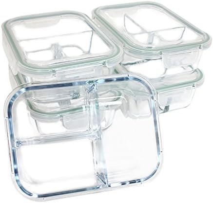 [5 PC] Kasian House 3 Compartment Glass Meal Prep Food Storage Containers | 3 Cups | BPA Free and Leak Proof Lid