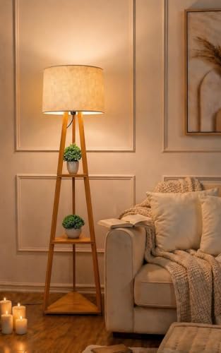 Image of Wooden Tripod Floor Lamp with 3 Shelves Modern Standing Lamp with Fabric Shade Decorative Shelf Floor Lamp for Living Room Bedroom & Home Decor Modern Standing Lamp for Living Room,Bedroom