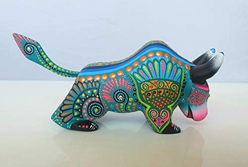 Mexican Alebrije Bull Wood Carving Handcrafted Sculpture (Turquoise) #TOP2