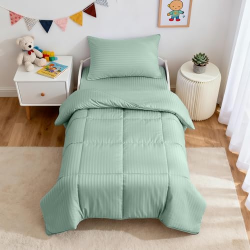 Image of ZPECC Toddler Bedding Set - 4 Piece Hypoallergenic Baby Crib Bedding Set for Boys and Girls, Includes Toddler Comforter, Flat Sheet, Fitted Sheet and Pillowcase, Green Stripe