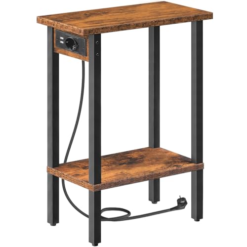 HOOBRO Mesa Auxiliar Estrecha, Mesita de Sofá de 2 Niveles con Estación de Carga, Mesita de Noche con Estante, para Espacio Pequeño, Salón, Dormitorio, Estudio, Marrón Rústico y Negro EBF240CBZ01