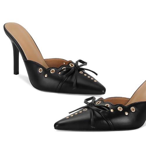 Image of DOEYG Women Pointed Toe Bow Heels Mules Slip on Stiletto Heels Sandals Dress Party Wedding Studded Heels Pumps
