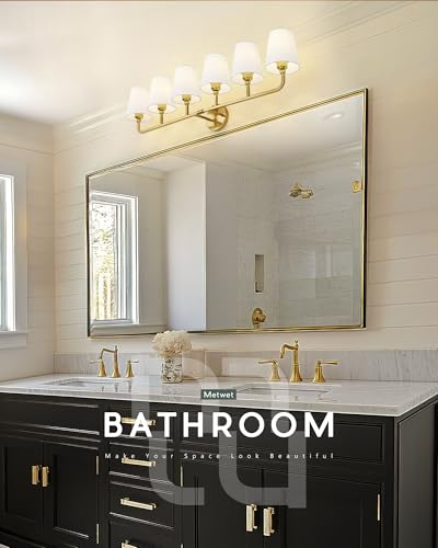 Image of Bathroom Light Fixtures, 42 Inch Brushed Gold Vanity Lights with Flared White Fabric Shade, 6-Light Wall Sconce, Modern Sconces Wall Lighting for Hallway Bedroom, VL837-BG-6