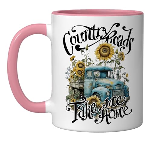 Country Roads Sunflowers Truck Country Take Me Home Ceramic Mug, Pink/White