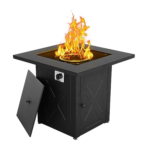 Propane Fire Pit Table, 28 Inch Square Outdoor Gas Fire Pits Clearance 50,000 BTU with Steel Tabletop, Removable Lid, Lava Rocks for Outside Patio, Garden, Deck, Yardâ€¦