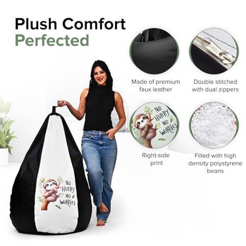 Image of Amazon Brand - Solimo 4XL Premium Faux Leather Bean Bag Combo with Footrest & Cushion, Filled with Beans | Capacity: Upto 6 Ft 5 in Height, 125 KG Weight | No Hurry No Worry Print