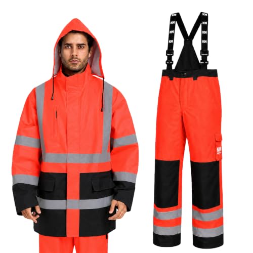 Image of 3-Piece Hi-Vis Rain Suit, Safety Jacket with Hood & Bib Overalls