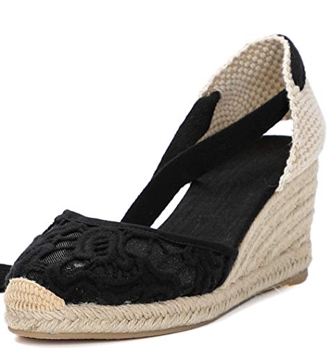 Image of Womens Espadrille Wedge Sandals Closed Toe Platform Lace Up Ankle Strap Slingback Summer Dress Shoes