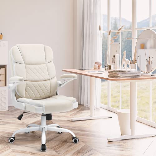 Seatzone Ergonomic Office Chair Beige Velvet Fabric Computer Desk Chairs With Wheels And Flip-Up Arms, Rolling Swivel Task Chair For Adults And Teens #TOP6