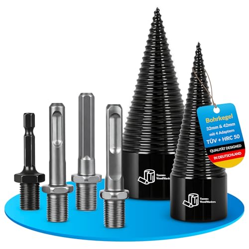 Holzspalter Bohrkegel Set 32mm & 42mm – Spaltbohrer für Holz und Brennholz mit SDS Plus, SDS Max & UNF Adaptern – TÜV-geprüft HRC 50 – Taunus Woodmasters
