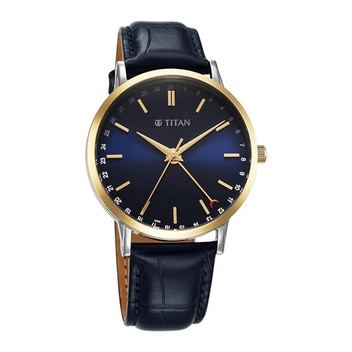 Image of Titan Elegance Analog with Date by Hand and Blue Dial Blue Leather Strap Watch for Men - 90202BL01