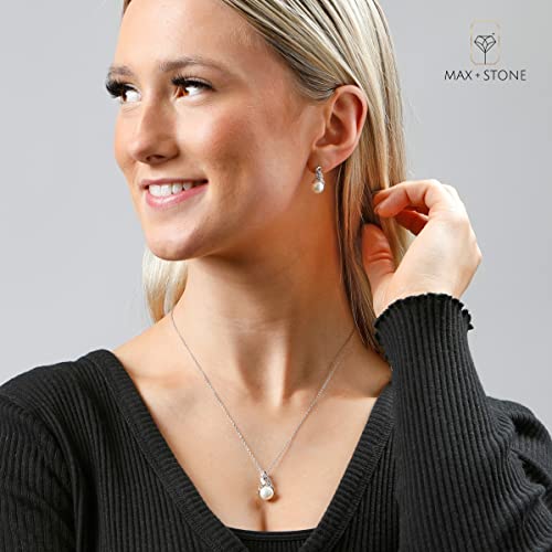 Max + Stone Sterling Silver Pearl Jewelry Set With Diamonds | Freshwater Pearl Earrings & Necklace For Women | Real Pearl Necklace And Earring Set | Silver Pearl Earrings And Necklace Set For Women #TOP1
