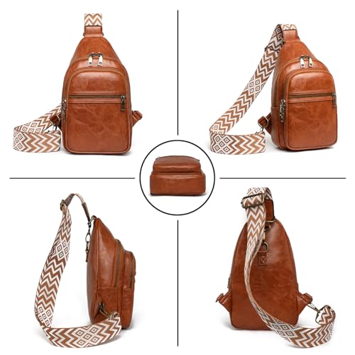 Image of FAYBA Small Sling Bag for Women Crossbody Fanny Pack, PU Leather Wide Guitar Strap Chest Sling Backpack Purse Brown