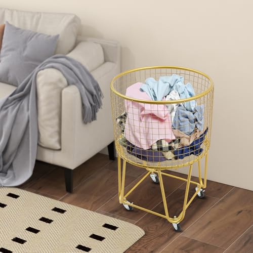 Image of Wire Metal Deep Set Rolling Laundry Basket,Mesh Wire Laundry Basket Storage Cart for Bathroom Bedroom Dirty Clothes Storage (F)