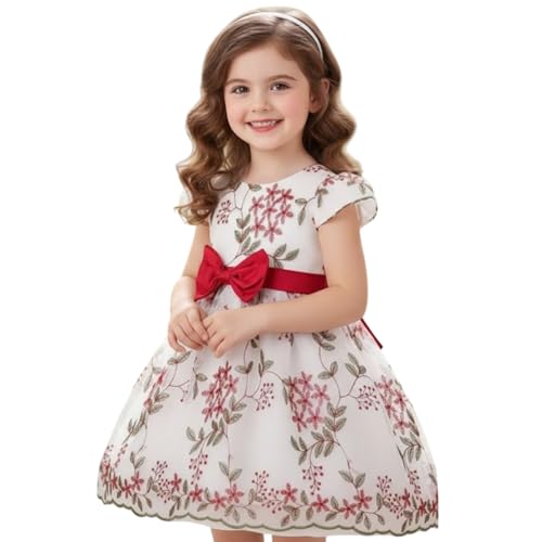 Image of Tagas Girls' Knee-Length Dress|Elegant Floral Embroidered Baby Girl Party Dress with Bow|Soft Net Layered Frock for Birthday, Wedding & Festive Occasions|Comfortable & Stylish