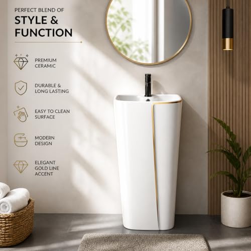 Image of InArt One Piece Ceramic Pedestal Free Standing Round Wash Basin for Living Room and Bathroom (17 x 14 x 34 Inch, White Gold Glossy)