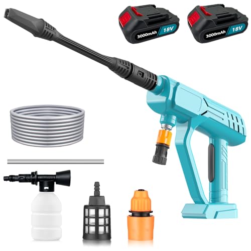Akku Hochdruckreiniger, Max 74 Bar Mobiler Hochdruckreiniger mit 2X 3000mAh Akku, 540 l/h, Bürstenloser Motor, Multi-Sprühdüse 5M Schlauch für Auto, Terrasse, Garten, Zaun