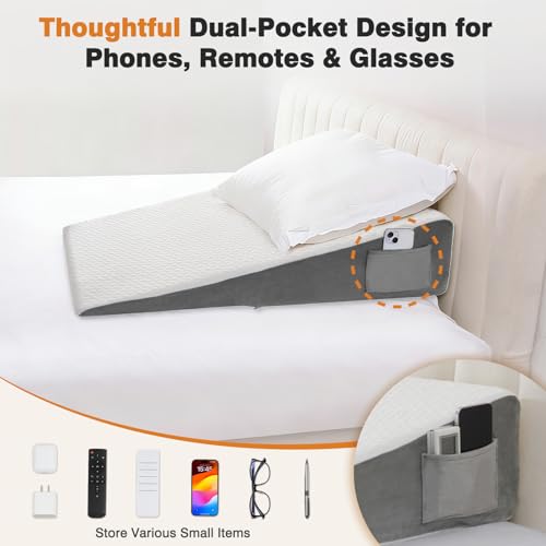 Image of Vekkia 34 inch Extra-Long Wedge Pillow, Back & Arm Support, Bed Wedge Pillow for Sleeping After Surgery, Acid Reflux, Snoring Relief, Removable Washable Cover & Double Side Pockets, 7.5 inch Height, Gray