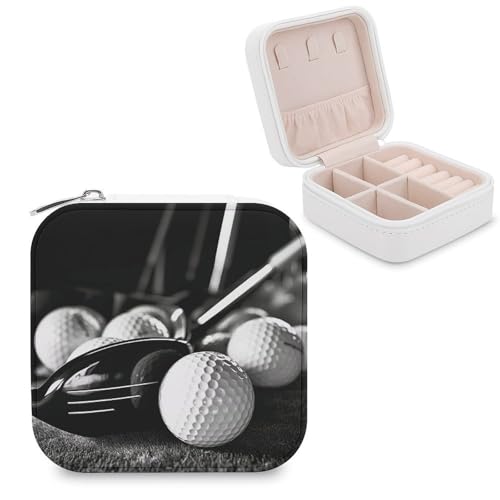VstaDank Joyero de viaje de golf en blanco y negro con cremallera, portátil, pequeño, de piel sintética, organizador de joyas de viaje para anillos, aretes, collares, pulseras, niñas y mujeres