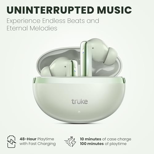 Image of truke Q1 Lite True Wireless in Ear Earbuds, 48H Playtime Ear Buds, Crystal-Clear Calls, Fast Charging, Elegant Royal Design, Bluetooth 5.4, Noise Cancellation, Gaming Mode (Mint Green)