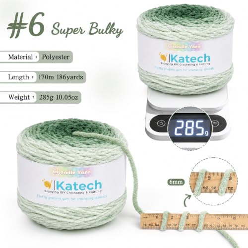 Image of Katech Ombre Cnenille Yarn for Crocheting-2 Pcs of 285g /10oz-6 Super Bulky | Fluffy Velvet Blanket Yarn for Knitting, Soft Fuzzy Phasing Cake Yarns for Baby Blankets, Throw Pillow, Plushies, Hat(Forest)
