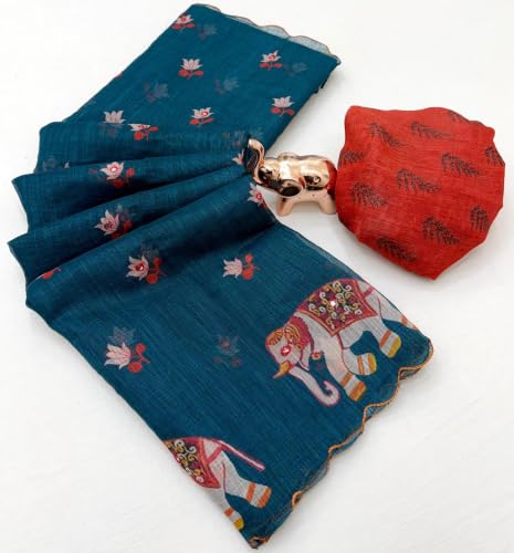 Image of Women's Linen Cotton Blend Saree Multicolor Ikat Brush Print Scalloped Border with Floral Print Unstitched Blouse Piece