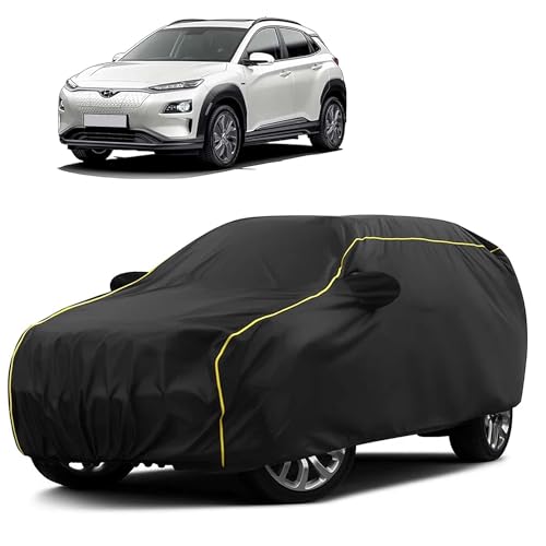 Image of Sulfar 100% Water Resistant Car Body Cover Compatible with Mirror for Hyundai kona (Triple Stitched, Full Bottom Elastic, Black Taffeta with Yellow Piping)
